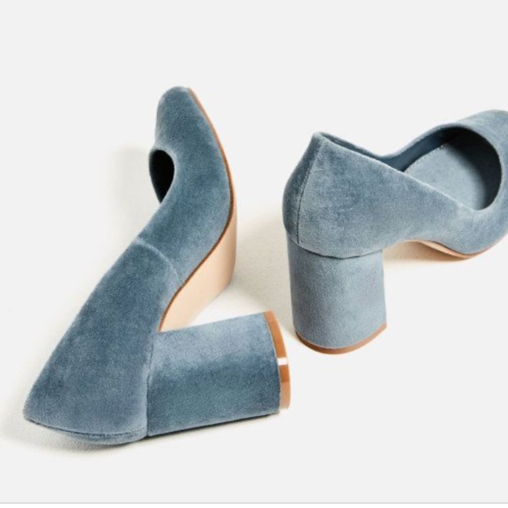 Zara | light blue velvet block heel pump NWOT